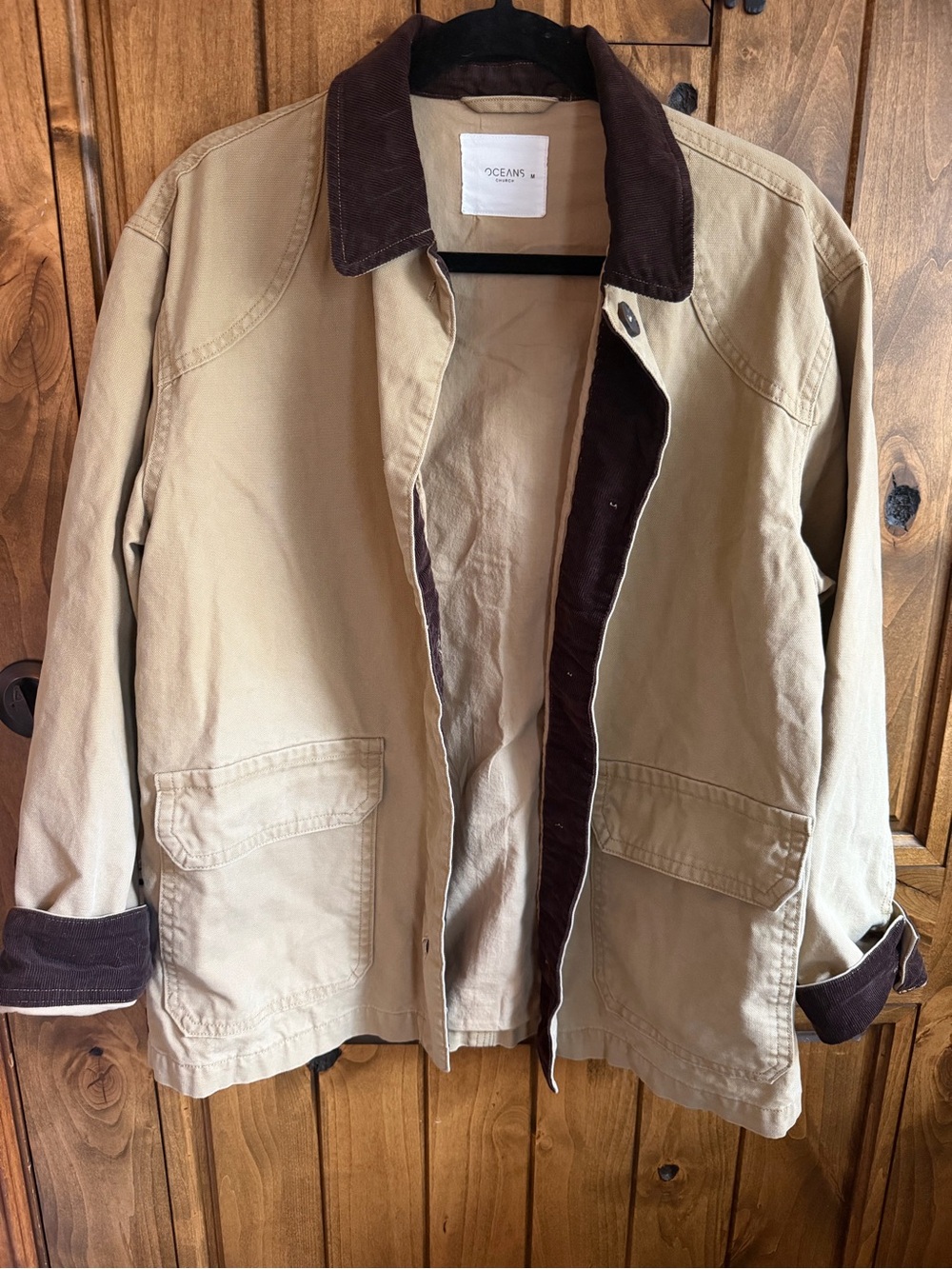 Barn Jacket Beige Canvas Jacket with Brown Corduroy Trim size Medium